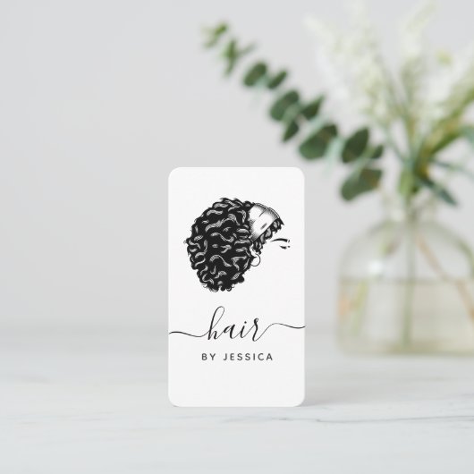 Eleganter Haarsalon Schwarz & Weiß Afro Haarmädche Visitenkarte (Stehend Vorderseite)