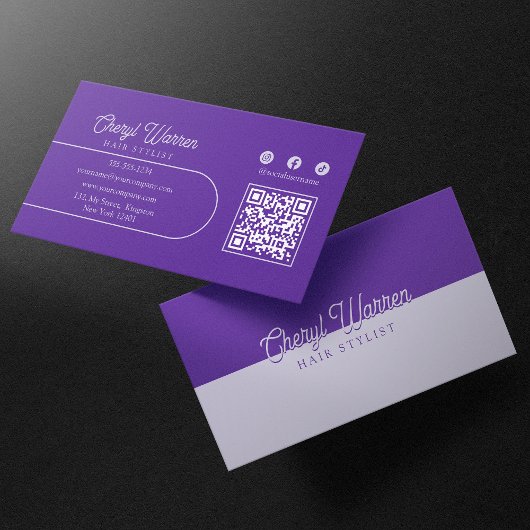 Eleganter Haarstylist-Script-Lila QR-Code Visitenkarte