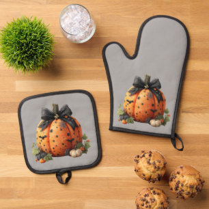Eleganter Halloween Pumpkin mit Black Bow Ofenhandschuh & Topflappen-Set
