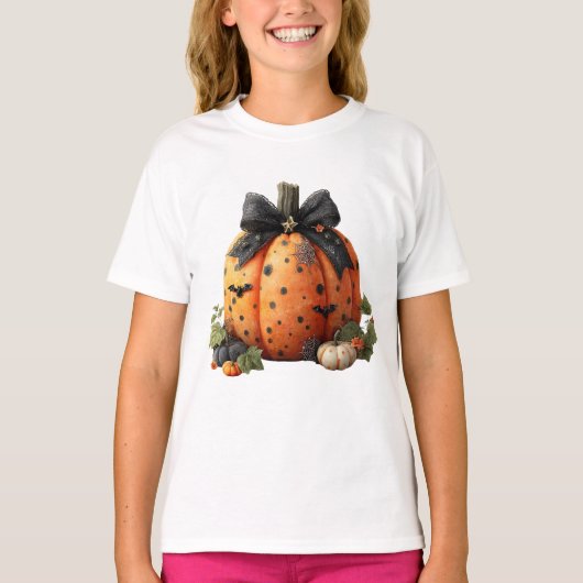 Eleganter Halloween Pumpkin mit Black Bow T-Shirt (Vorderseite)