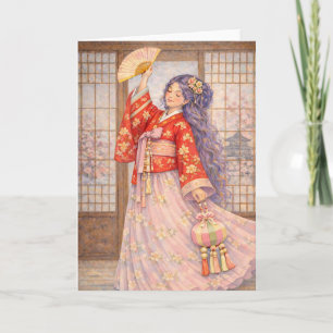 Eleganter Hanbok mit Fächer Karte