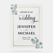 Eleganter, handgemalter Eukalyptus-Hochzeitsempfan Acrylschild (Vorderseite)