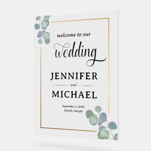 Eleganter, handgemalter Eukalyptus-Hochzeitsempfan Acrylschild (Winkel)