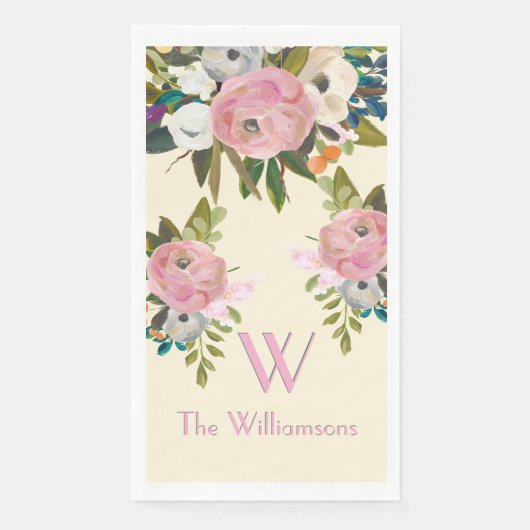 Eleganter handgemalter floraler Monogramm-Name Serviette (Vorderseite)