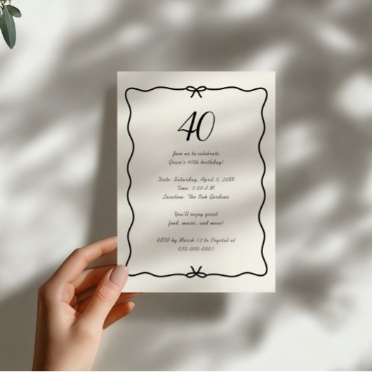 Eleganter handgezeichneter Bow Border 40. Geburtst Einladung