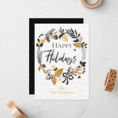 Eleganter Happy Holidays Gelber Schwarzer Kranz Ur Mitteilungskarte (Vorderseite/Rückseite Beispiel)