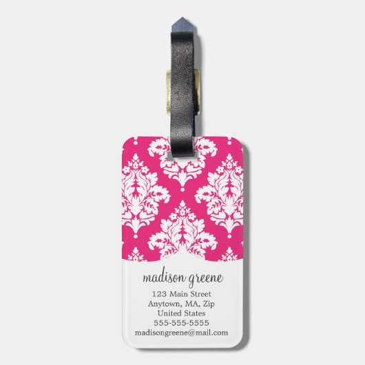 Eleganter heißes Rosa-Damast personalisiert Gepäckanhänger (Rückseite vertikal)