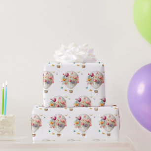 Eleganter Heißluftballon und Wasserfarbenblumen Geschenkpapier