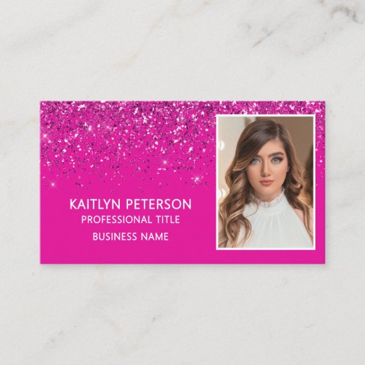 Eleganter heißrosa Glitter-Foto-QR-Code Visitenkarte (Vorderseite)