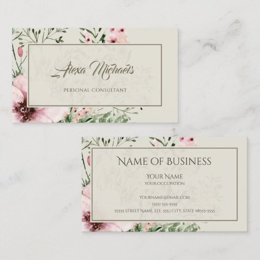 Eleganter hellbeiger, rosa, blühender Rahmen Visitenkarte (Vorne/Hinten)