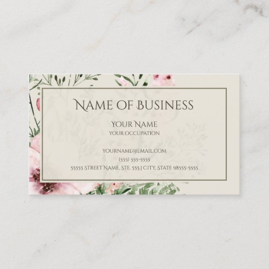 Eleganter hellbeiger, rosa, blühender Rahmen Visitenkarte (Rückseite)