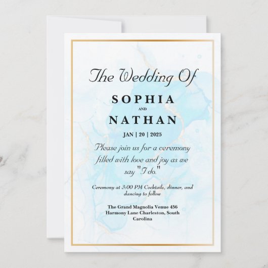 Eleganter hellblauer Marmor Einladung zur Hochzeit (Vorderseite)