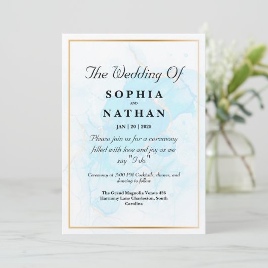 Eleganter hellblauer Marmor Einladung zur Hochzeit (Stehend Vorderseite)