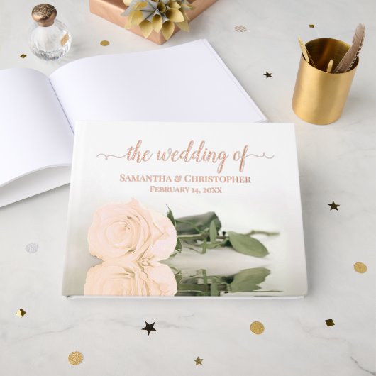 Eleganter heller Pfirsichhügel Rose Medium Wedding Gästebuch (Vorderseite offen)