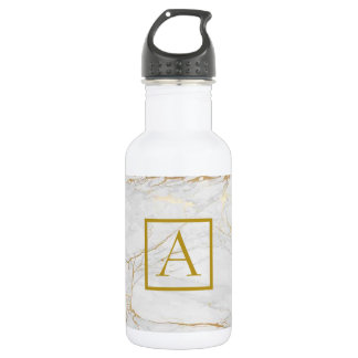 Eleganter hellgrauer goldgelber mit Monogramm Marm Edelstahlflasche