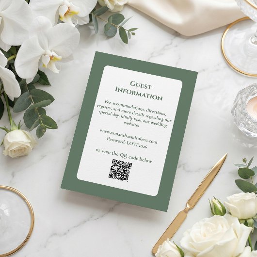 Eleganter hellgrüner Blumenstrich QR-Code Hochzeit Begleitkarte
