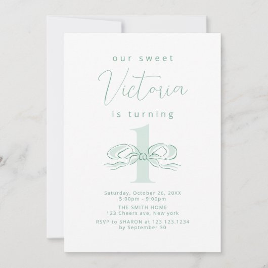 Eleganter hellgrüner Handgezeichneter Bow 1. Gebur Einladung (Vorderseite)