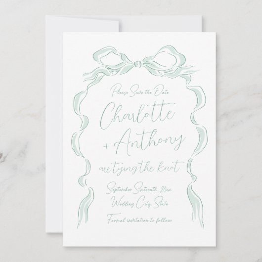Eleganter, hellgrüner Handgezeichneter Bow Save The Date (Vorderseite)