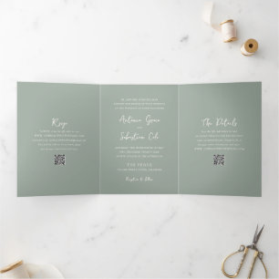 Eleganter hellgrüner QR-Code Moderne Hochzeit Dreifach Gefaltete Einladung