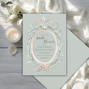 Eleganter Hellgrüner Vintage-Rahmen Baby Shower Einladung
