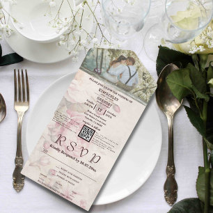 Eleganter hellrosa Pfingstrosen-Blumen-QR-Code-Fot All In One Einladung