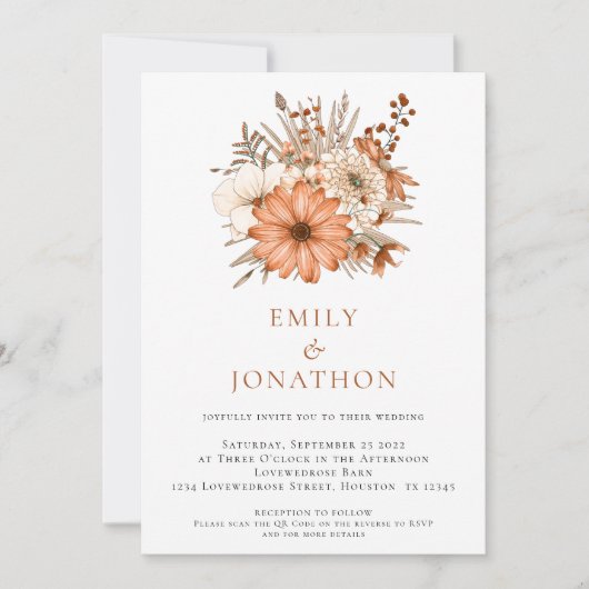 Eleganter Herbst-Florals QR-Code Hochzeit Einladung (Vorderseite)