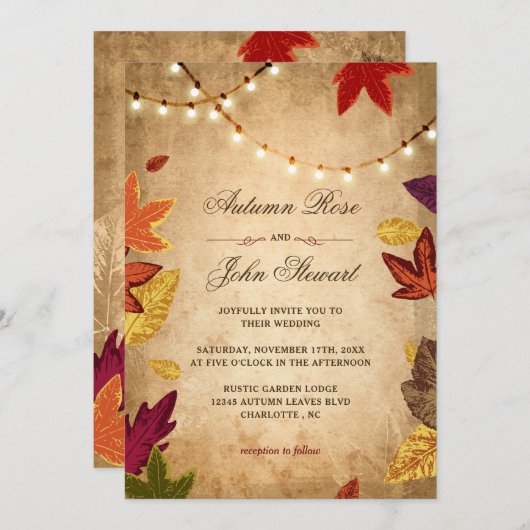 Eleganter Herbst hinterlässt rustikale Hochzeit im Einladung (Vorne/Hinten)