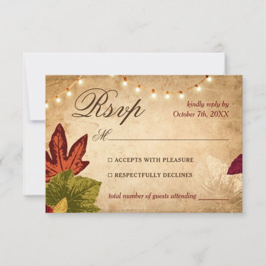 Eleganter Herbst hinterlässt rustikale Hochzeit im RSVP Karte (Vorderseite)