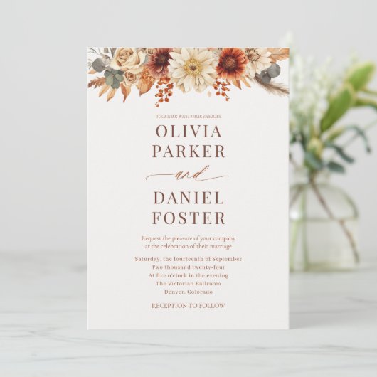 Eleganter Herbst in einer QR-Hochzeit im Herbst Einladung (Stehend Vorderseite)