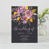 Eleganter Herbst lila Blumenzitat Einladung (Stehend Vorderseite)