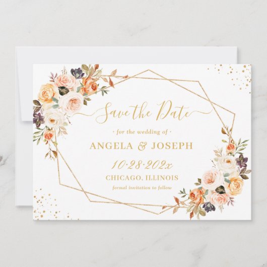 Eleganter Herbst Orange Gold Floral Trendy Geometr Save The Date (Vorderseite)