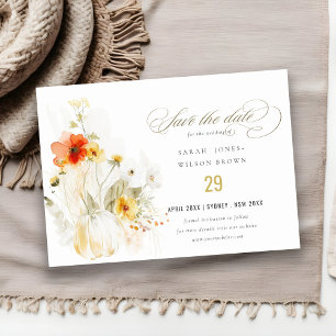 Eleganter Herbst-Wildblumen-Kürbis-Aquarell-Hochze Save The Date