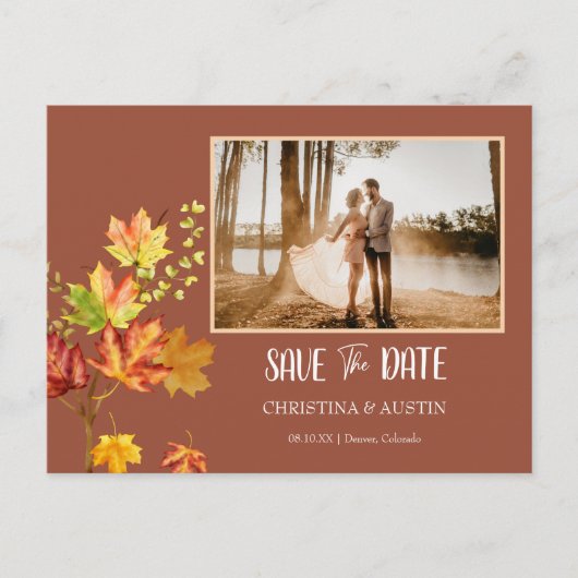 Eleganter Herbstbelag Burnt Orange Save the Date Postkarte (Vorderseite)