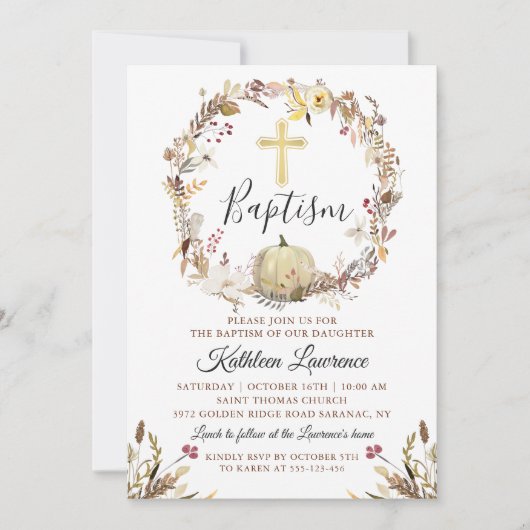 Eleganter Herbstblumenkürbis Falltaufe Einladung (Vorderseite)