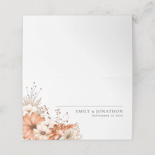Eleganter Herbstblütenbrauchtenname Datum Hochzeit Platzkarte (Außenseite Aufgefaltet)