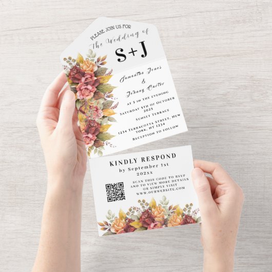 Eleganter Herbstfall florale Hochzeit RSVP All In One Einladung (Abreißen)