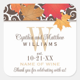 Eleganter Herbstleaves Wedding Monogram Wine Quadratischer Aufkleber