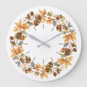 Eleganter herbstlicher botanischer Kranz Wasserfar Große Wanduhr