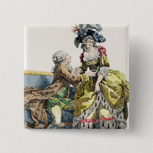 Eleganter Herr, der zu einer Dame in einem 'Margue Button (Vorderseite)