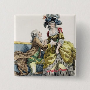Eleganter Herr, der zu einer Dame in einem 'Margue Button