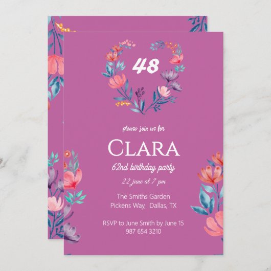 Eleganter, herzförmiger Blumengeburtstag Einladung (Vorne/Hinten)