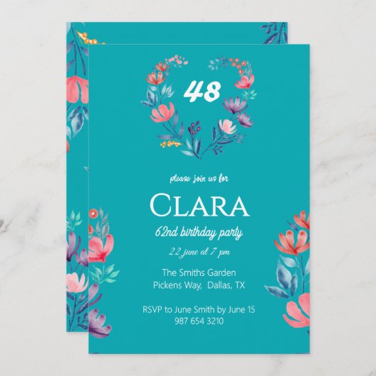 Eleganter, herzförmiger Blumengeburtstag Einladung (Vorne/Hinten)