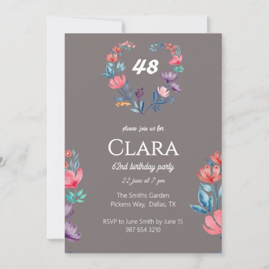 Eleganter, herzförmiger Blumengeburtstag Einladung (Vorderseite)