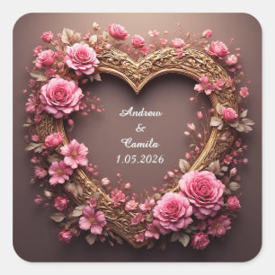 Eleganter Herzrahmen mit rosa Rosen Quadratischer Aufkleber
