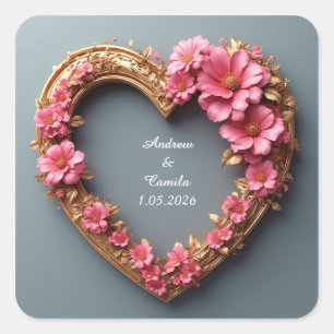 Eleganter Herzrahmen mit rosa Rosen Quadratischer Aufkleber