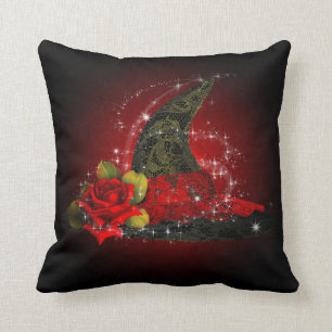 Eleganter Hexenhut Lacy Schwarz Rot Funkelnd Kissen