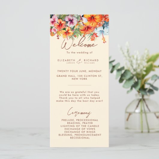 Eleganter Hibiskus Blume Tropical Floral Wedding Programm (Stehend Vorderseite)