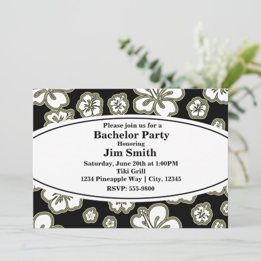 Eleganter Hibiskus Blumen Schwarz & Tan Einladung (Stehend Vorderseite)