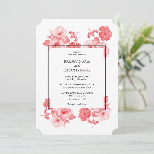 Eleganter Hibiskus Hochzeit Einladung (Stehend Vorderseite)