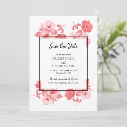 Eleganter Hibiskus Hochzeit Save The Date (Stehend Vorderseite)
